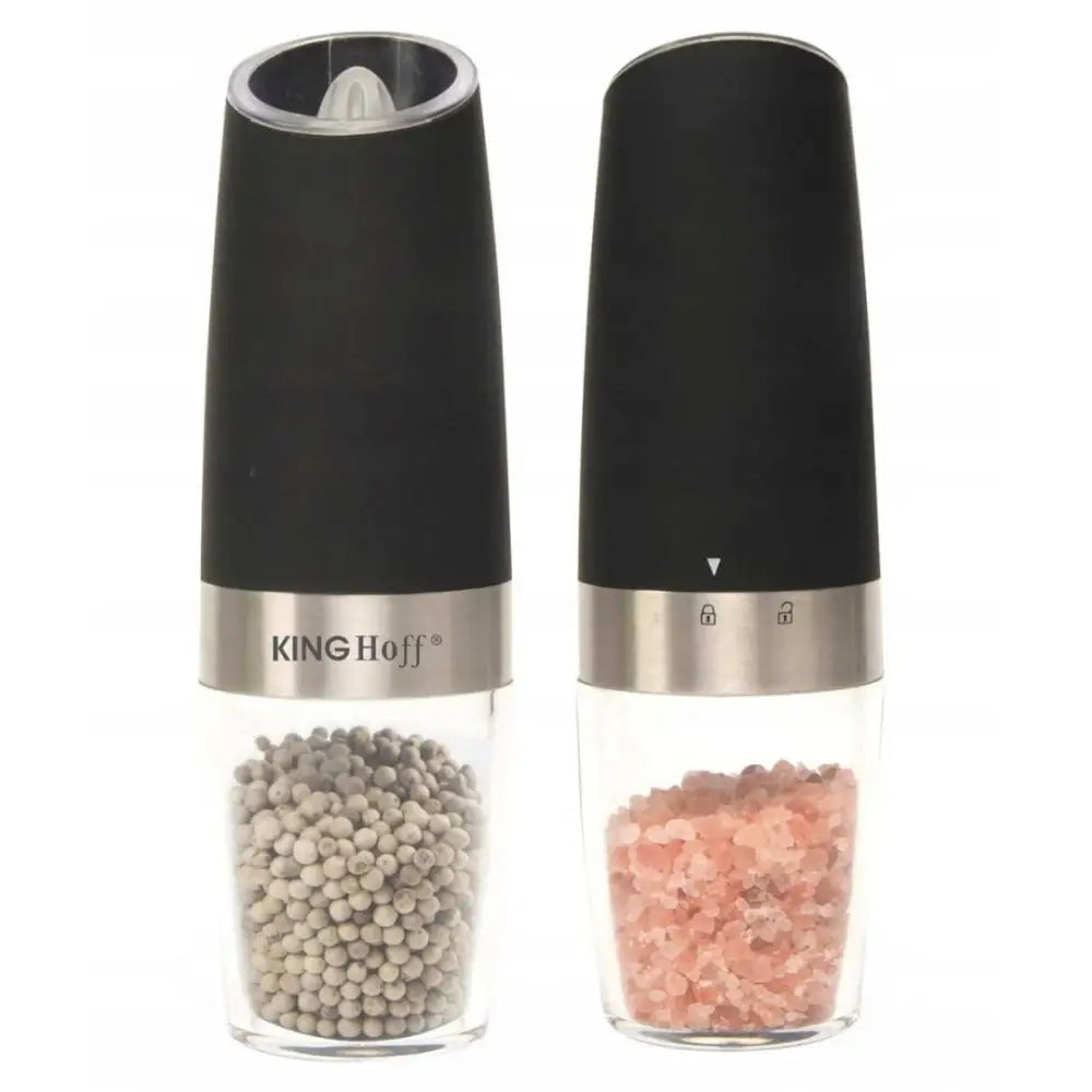 Kinghoff gravitasjonskvernsett med to kverner i sort og stål, frontvisning med synlig salt og pepper.