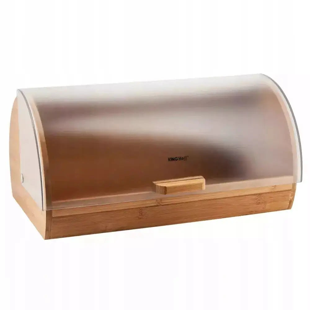 Kinghoff Siren brødboks i lyst tre med avrundet matt lokk og trehåndtak, sett fra skrå vinkel.