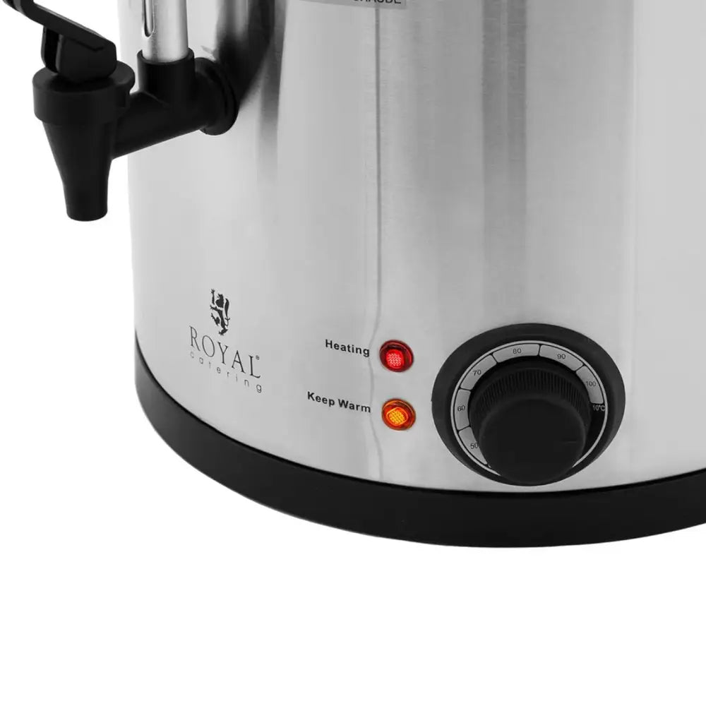 Kjele vannvarmer, nærbilde av rustfritt stålhus med temperaturbryter, indikatorlys og tappekran.