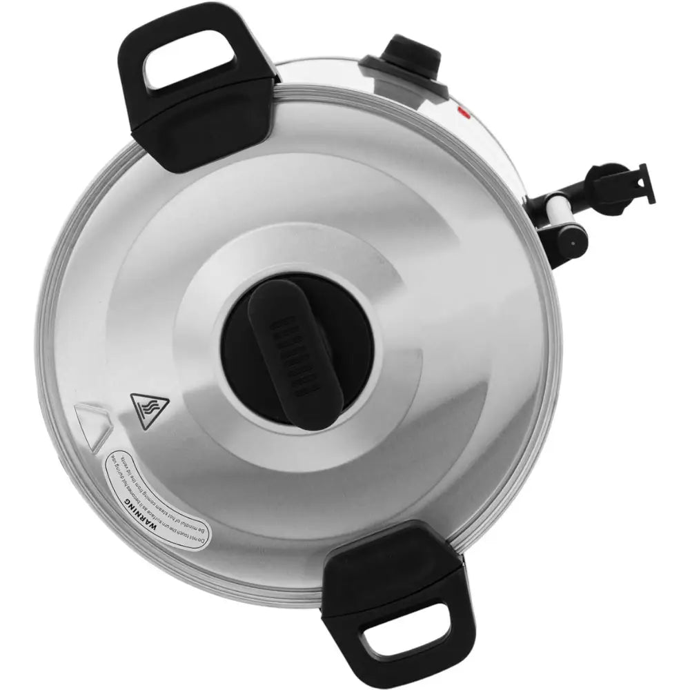 Kjele vannvarmer 16,5 L i sølv, sett ovenfra med sorte håndtak, låsemekanisme og varselsymboler på lokket.