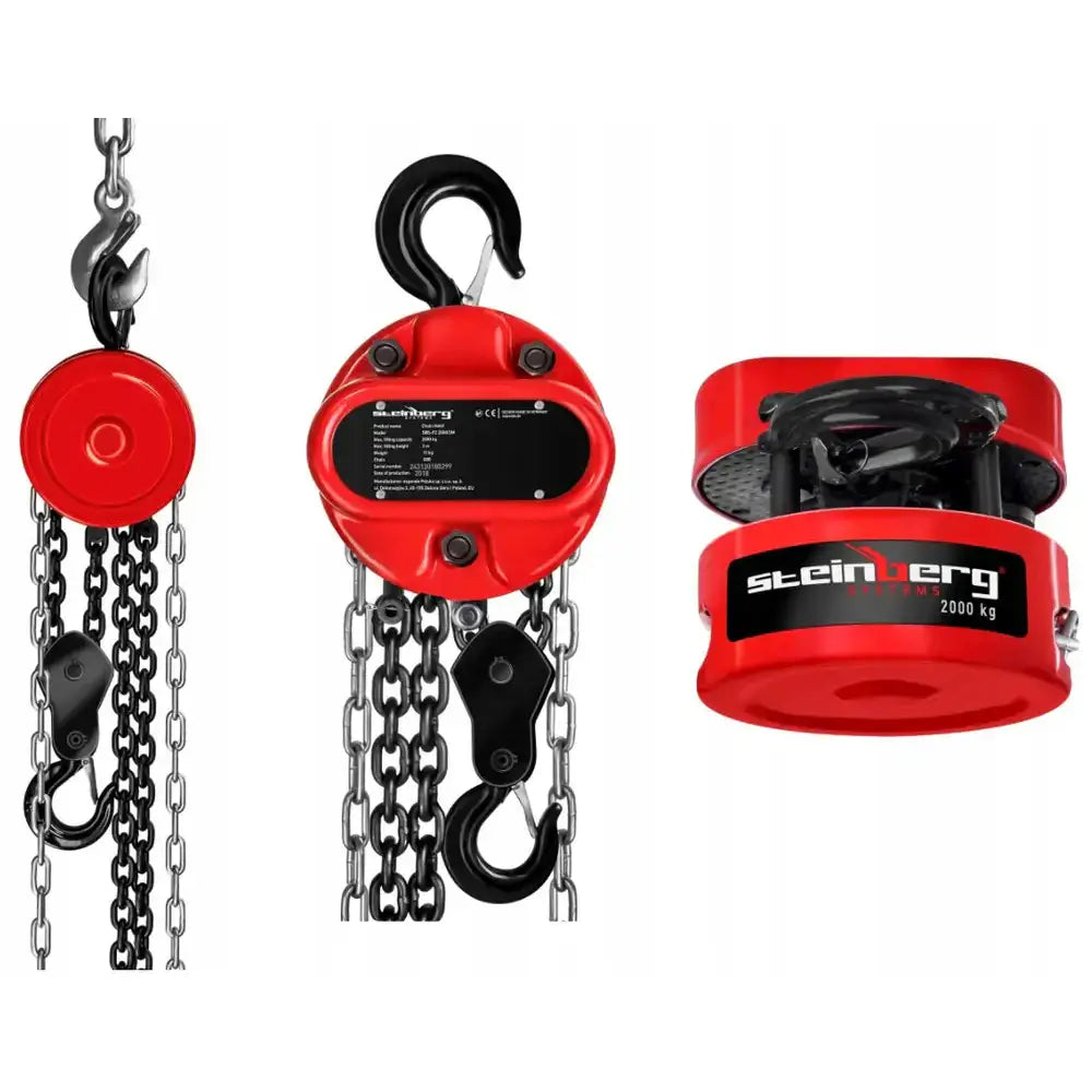 Kjettingtalje motorjekk 2 tonn, metall i rød og svart, vist fra front, side og underside med krok og kapasitetsetikett.
