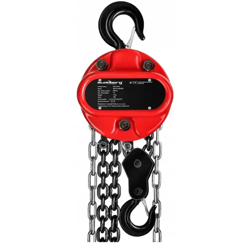 Kjettingtalje Motorjekk 2 Tonn, frontvisning med sorte kroker, rødt deksel og kraftige kjettinger.