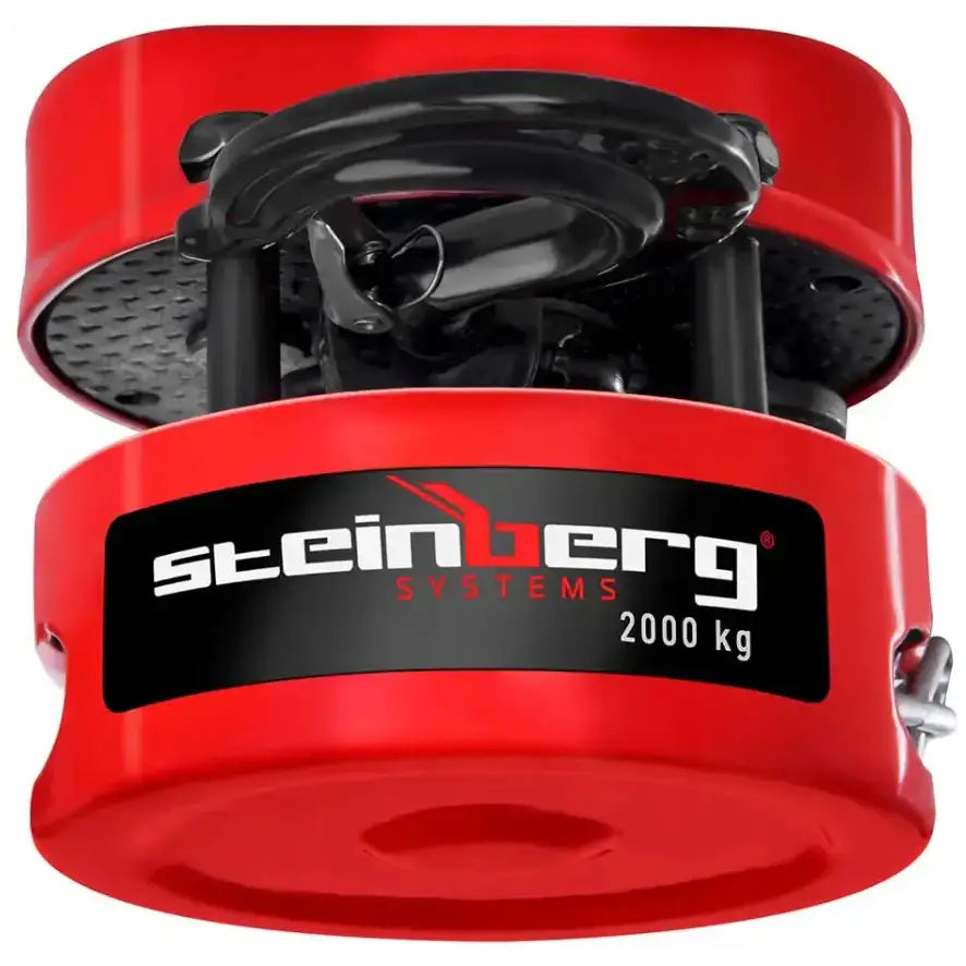 Kjettingtalje Motorjekk, rød metall med synlig kapasitet 2000 kg og sort opphengskrok, skrå frontvisning.