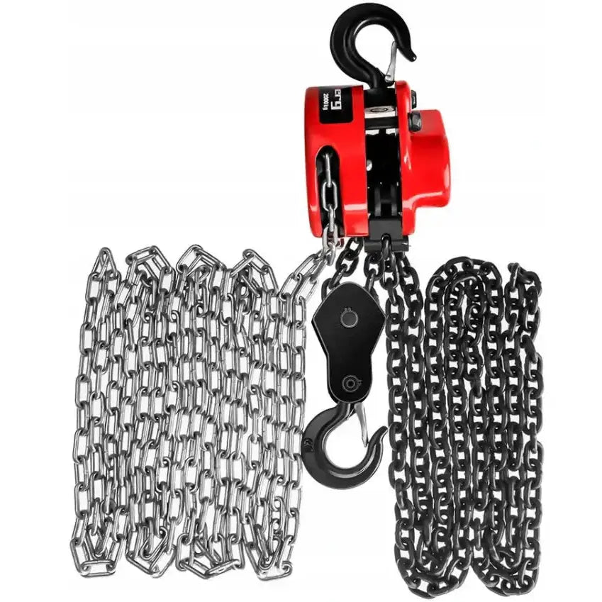 Kjettingtalje Motorjekk 2 tonn, frontbilde som viser rød metallkropp, sort krok og doble kjettinger.