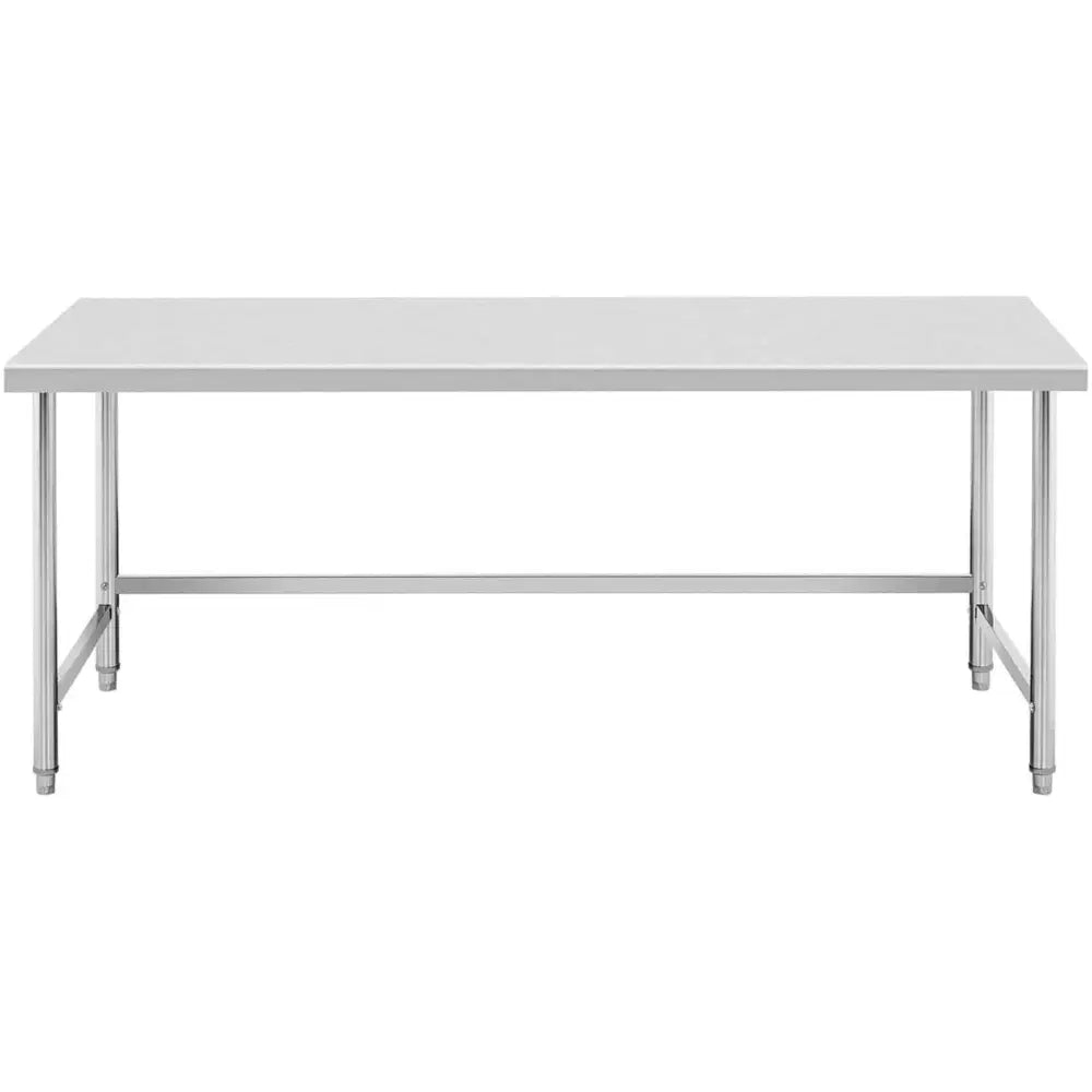 Kjøkkenbord i rustfritt stål, hvit bordplate og metallben med tverrstang, frontvisning.