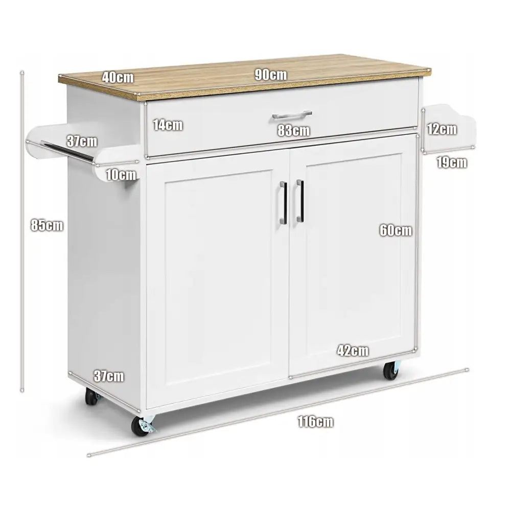 Kjøkkenøy på hjul i hvitt med trefarget topp, nærbilde av sidehyller, hjul og mål på skapets dimensjoner.