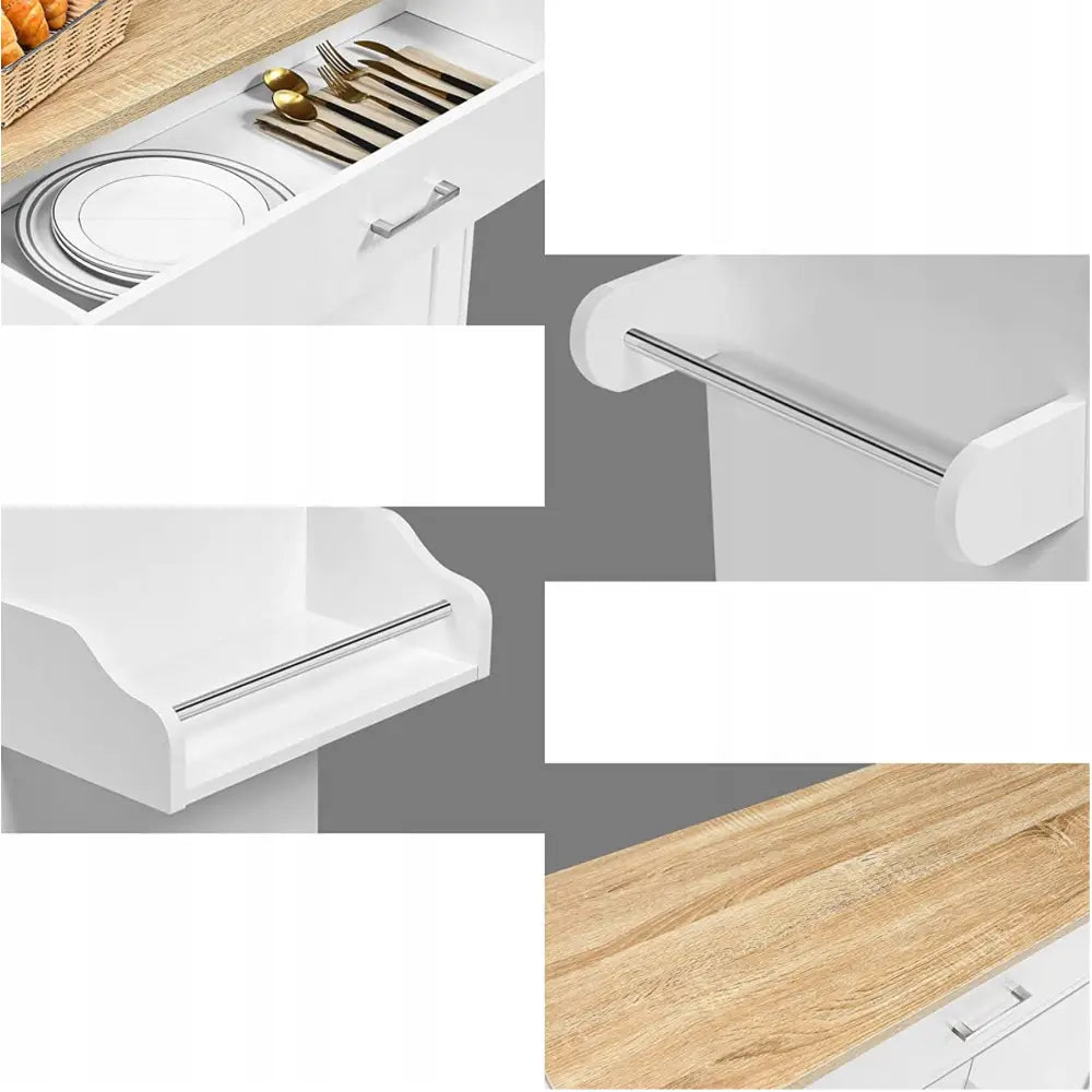 Kjøkkenøy på hjul, nærbilde av bestikkskuff, tallerkenoppbevaring og avrundede hvite kanter med metallstang.