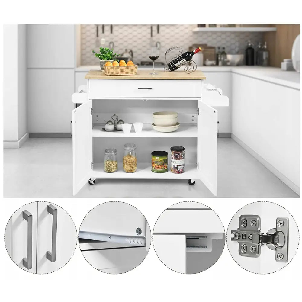 Kjøkkenøy med hjul, frontvisning med åpne dører og skuff, fremhever håndtak, hengsler og skuffedetaljer.