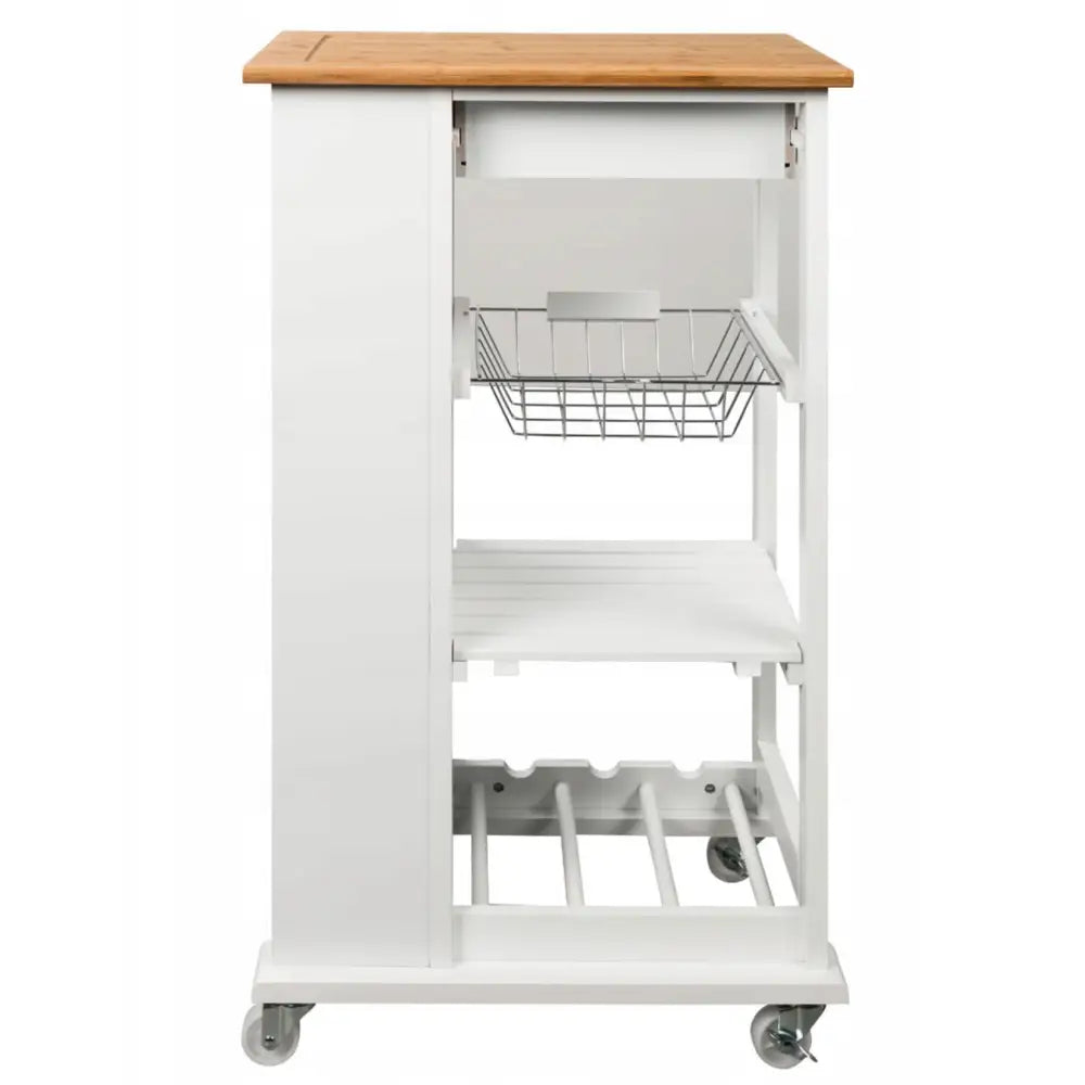 Kjøkkenøy kjøkkenvogn med treplate, uttrekkbar metallkurv, hvit hylle og flaskestativ på hjul.