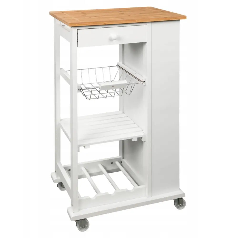 Kjøkkenøy kjøkkenvogn med hvit ramme, treplate, trådkurv og praktiske hjul, sett fra siden.