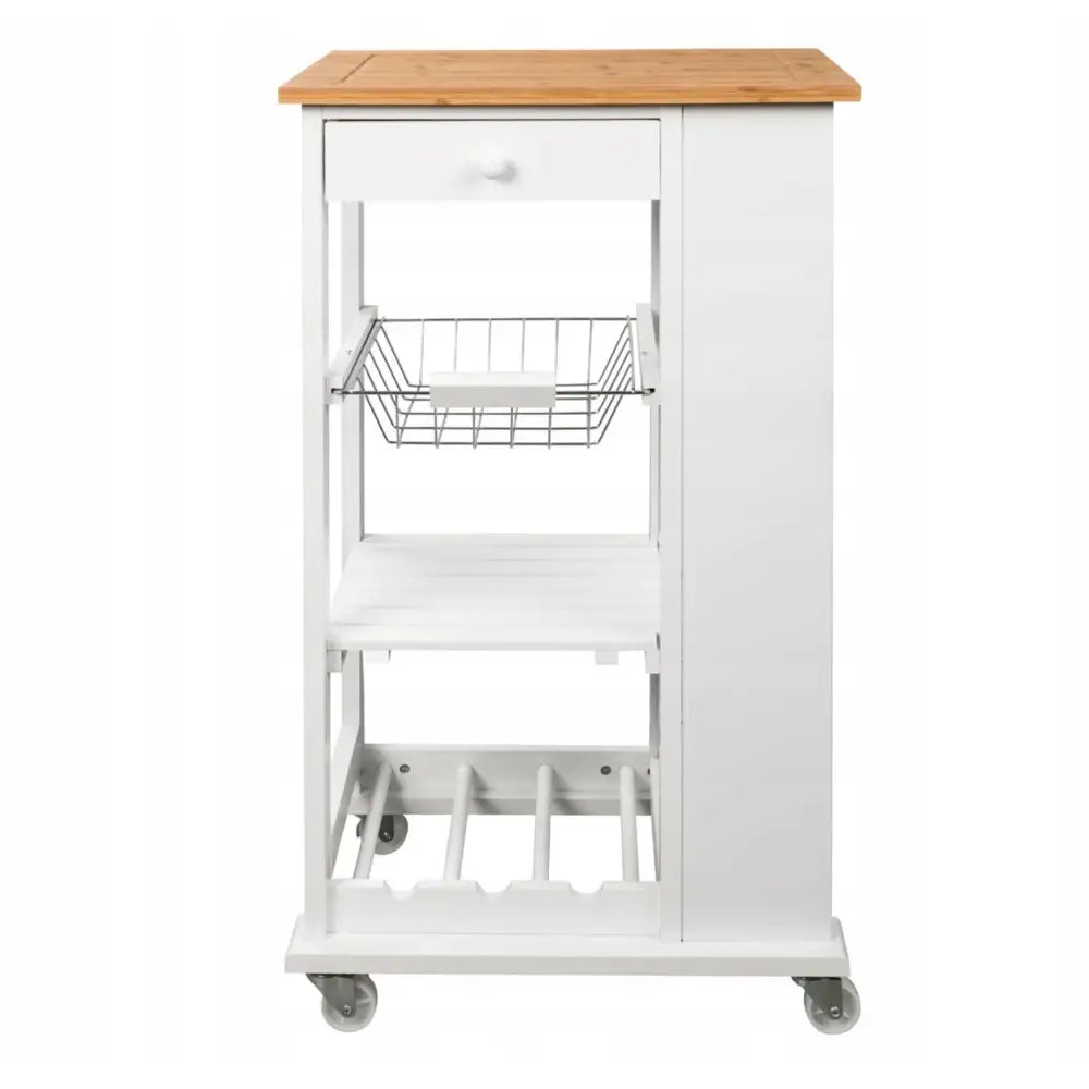 Kjøkkenøy kjøkkenvogn, hvitt trillebord med lys treplate, skuff, metallkurv, hylle og flaskeholder.