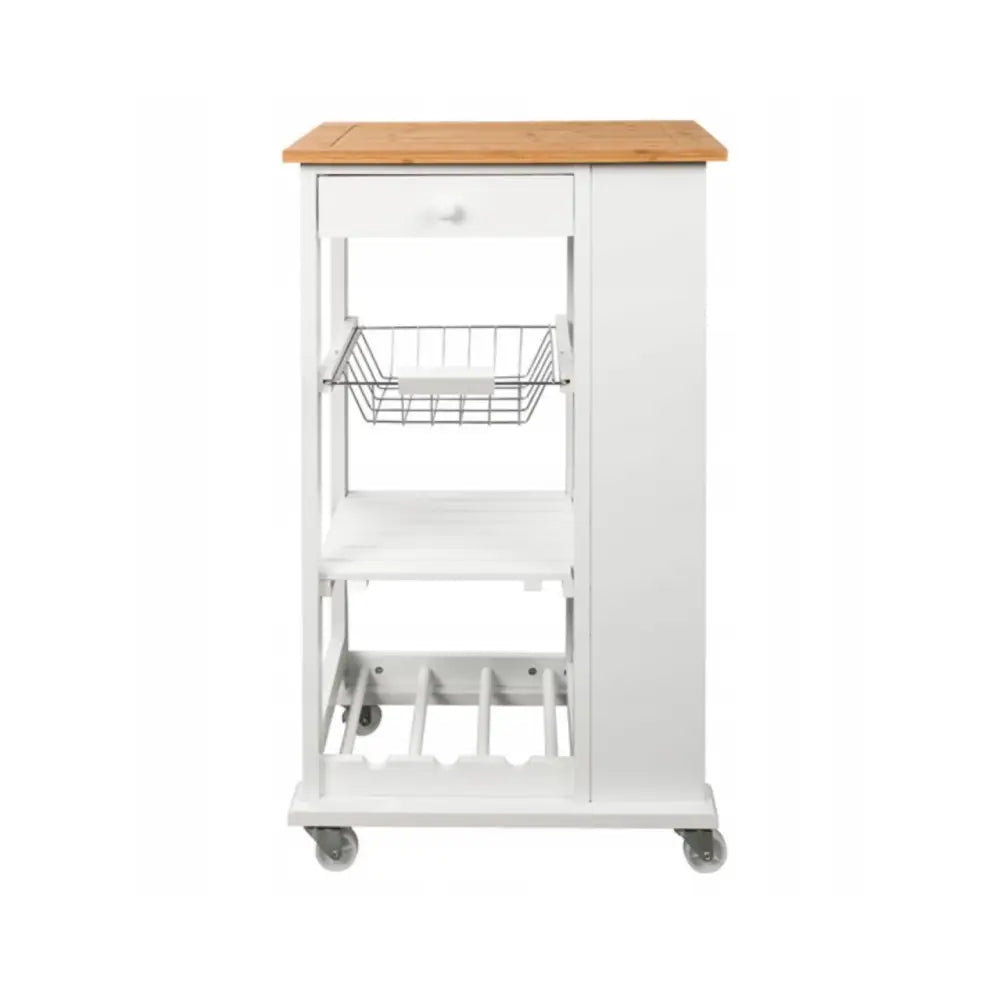 Kjøkkenøy kjøkkenvogn, hvit tralle med lys treplate, skuff, metallkurv og flaskeholder, forfra på hjul.