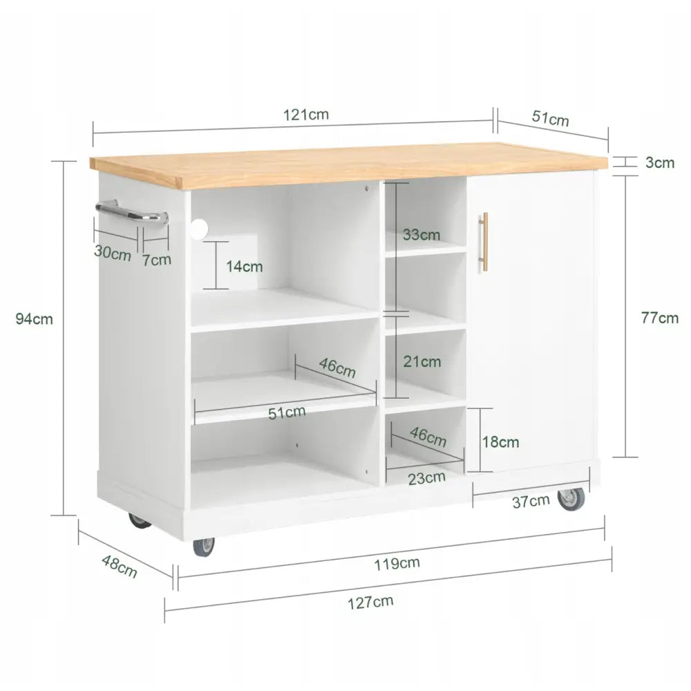 Kjøkkenøy med hylle, forfra, fremhever hvit ramme, lys treplate og mål på hyller, skap og håndtak.