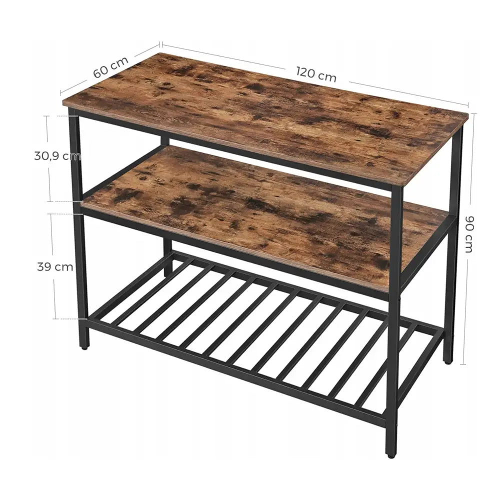 Kjøkkenøy med to hyller i mørkt tre, svart metallramme og mål i centimeter synlig på bildet.