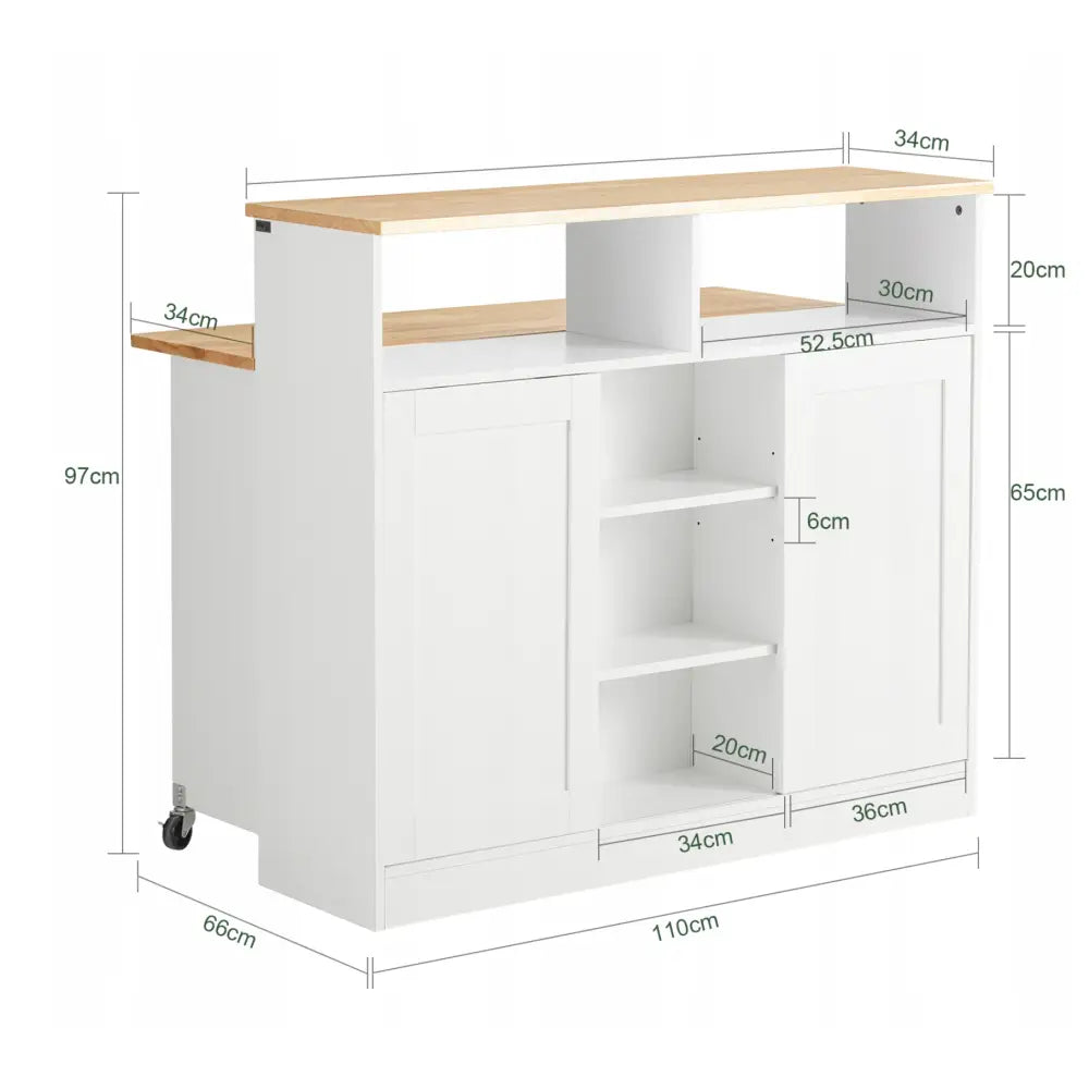 Kjøkkenøy med skap og sammenleggbar barstol, skråvisning med mål og to hjul synlig nederst.