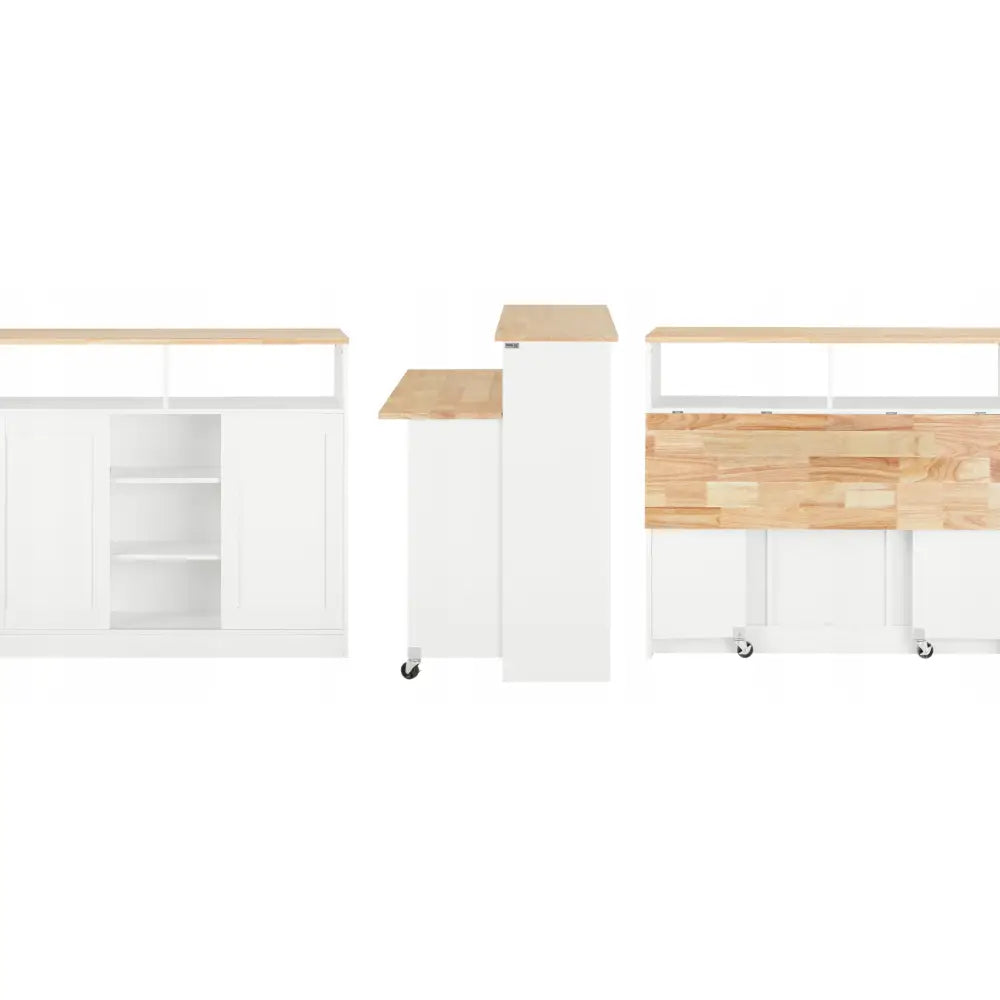 Kjøkkenøy med skap og sammenleggbar barstol, front-, side- og baksidevisning med hyller og hjul.