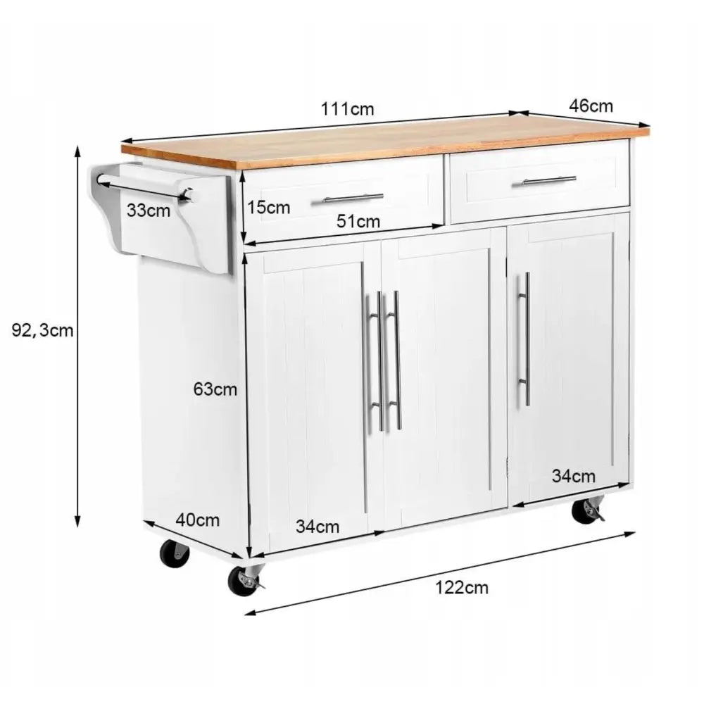 Kjøkkenøy på hjul med hvit base, lys treplate, to skuffer, tre skapdører og håndkleoppheng, frontvisning.