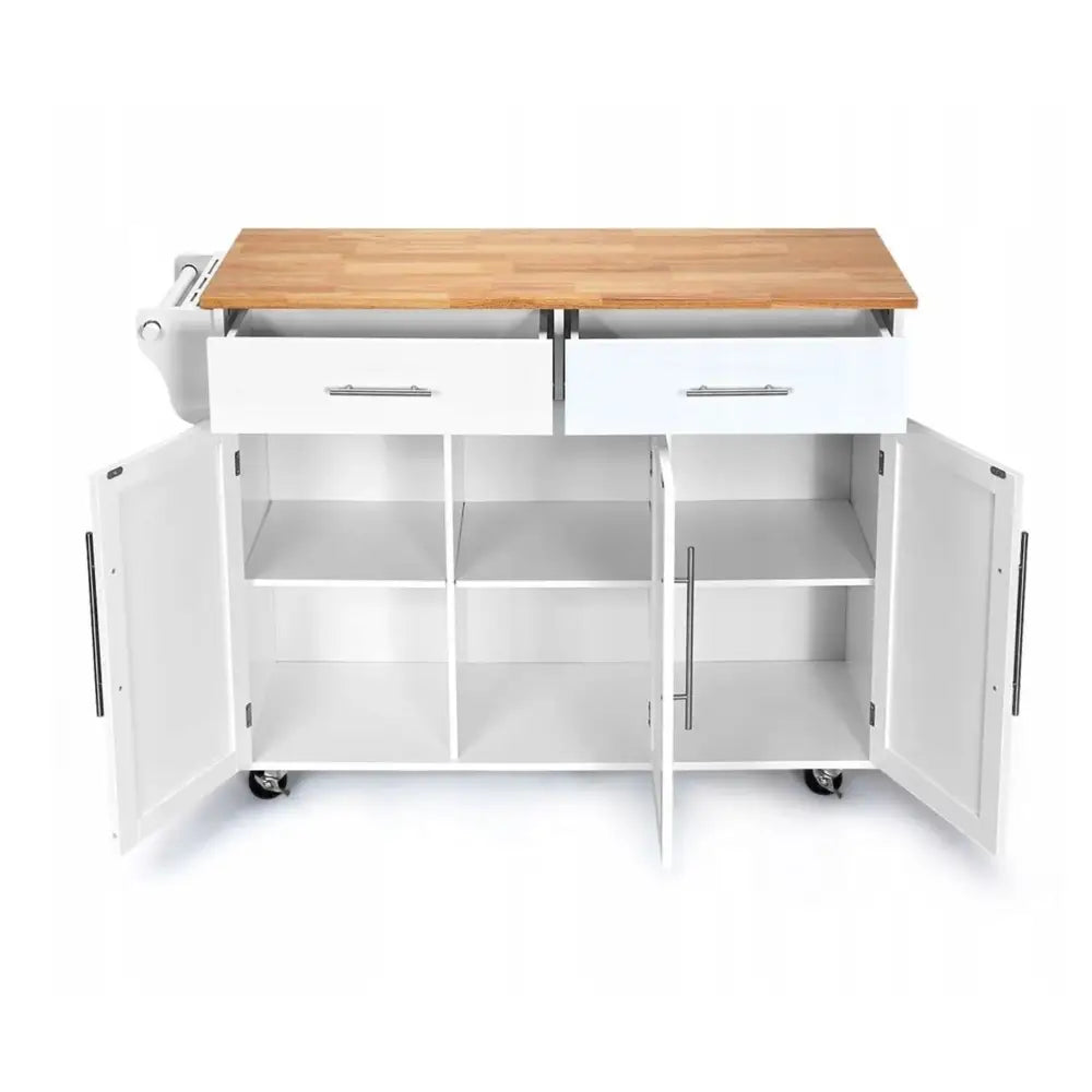 Kjøkkenøy på hjul, skapdører og skuffer åpne for å vise romslige hyller og innvendig oppbevaring.