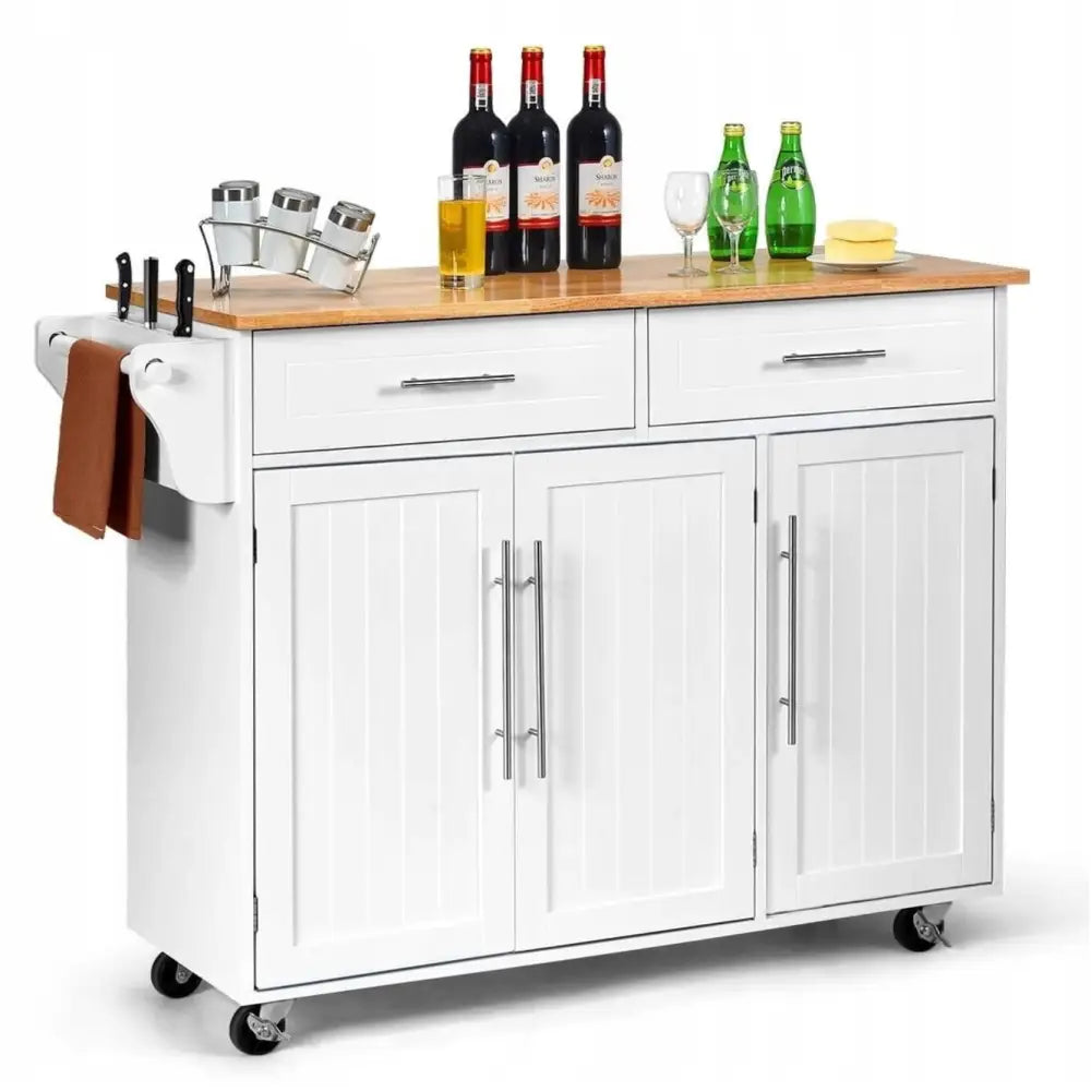 Kjøkkenøy på hjul med hvit base og treplate, skrå forfra, fylt med glass, flasker og krydder på toppen.