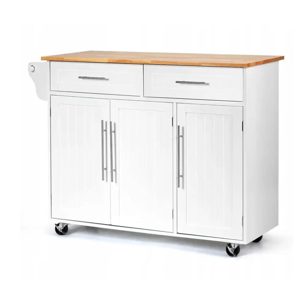 Kjøkkenøy på hjul med hvit ramme, trebenkeplate, to skuffer, tre dører og metallhåndtak.