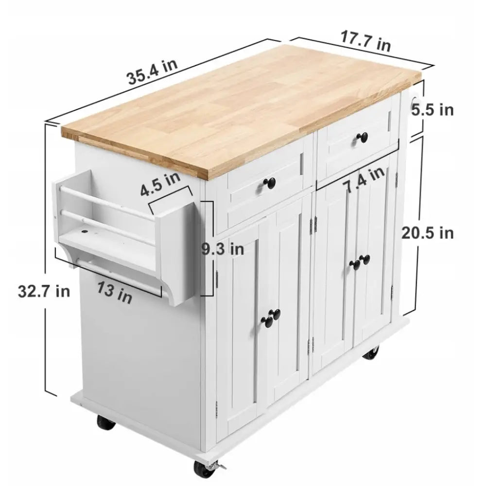 Kjøkkenøy på hjul v2, skråvisning som viser treplate, mål, skuffer, skap og sidehylle i detalj.