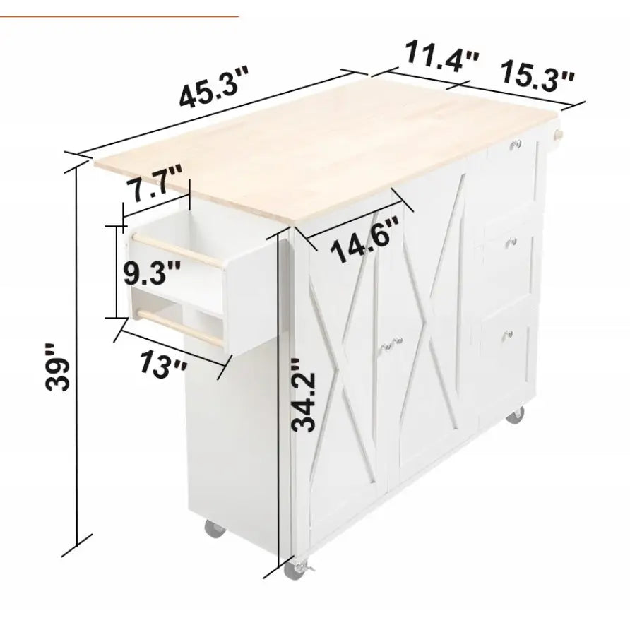 Kjøkkenøy på hjul, skrått sett hvitt bord med lys treplate, viser mål på skap, skuffer og uttrekkbar sidehylle.