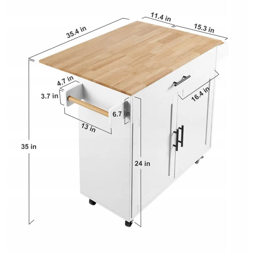 Kjøkkenøy på hjul v3 med lys treplate, sett skrått ovenfra, viser mål i tommer langs kanter og detaljer.
