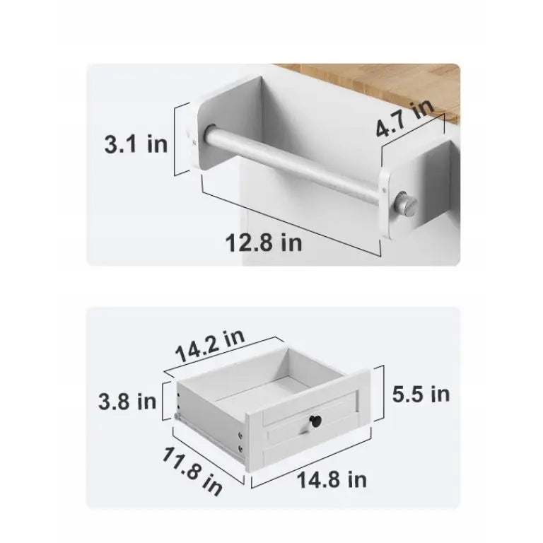 Kjøkkenøy på hjul v2, detalj av hvitt metallstangfeste og skuff med mål, sett fra siden og skrått ovenfra.