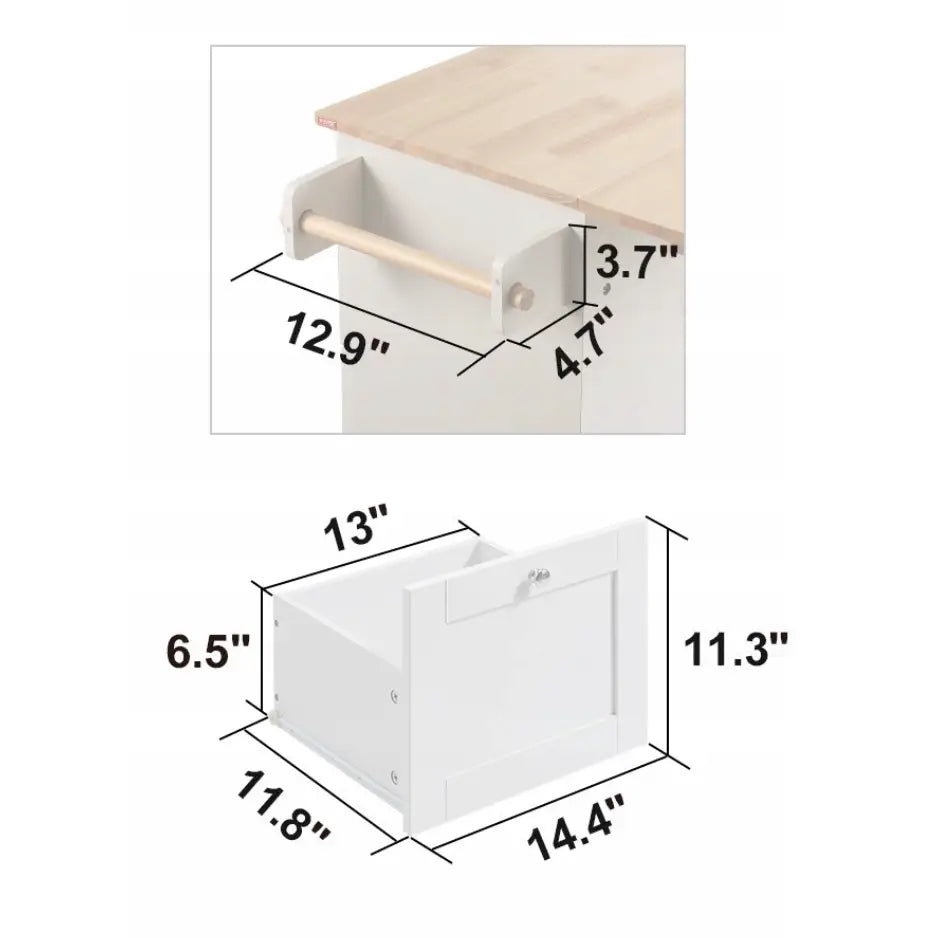 Kjøkkenøy på hjul, nærbilder av lys treplate med håndkleholder og hvit skuff med tydelige målangivelser.