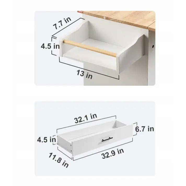 Kjøkkenøy på hjul med to hvite skuffer, trestang på øverste og svart håndtak på nederste, sett skrått forfra.