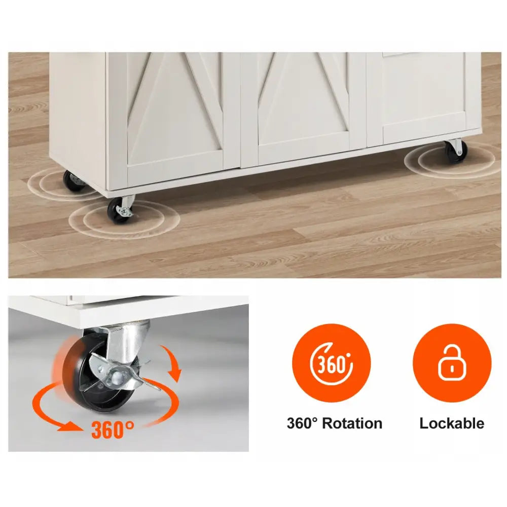 Kjøkkenøy på hjul, nærbilde av svart hjul med 360° rotasjon og låsemekanisme, vist på tregulv.