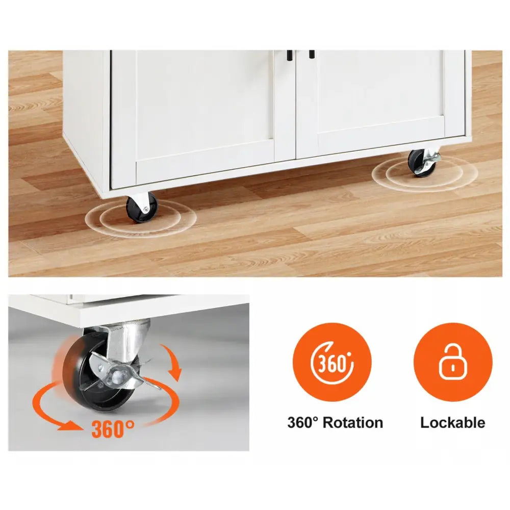 Kjøkkenøy på hjul, nærbilde av sort svinghjul med metallfeste og illustrasjon av låsbar 360° rotasjon.