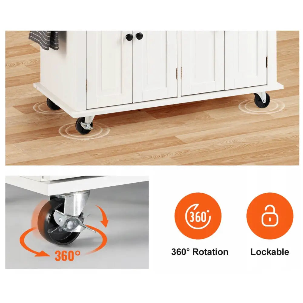 Kjøkkenøy på hjul, nærbilde av svart hjul med 360 graders rotasjon og lås, fremhevet med oransje ikoner.