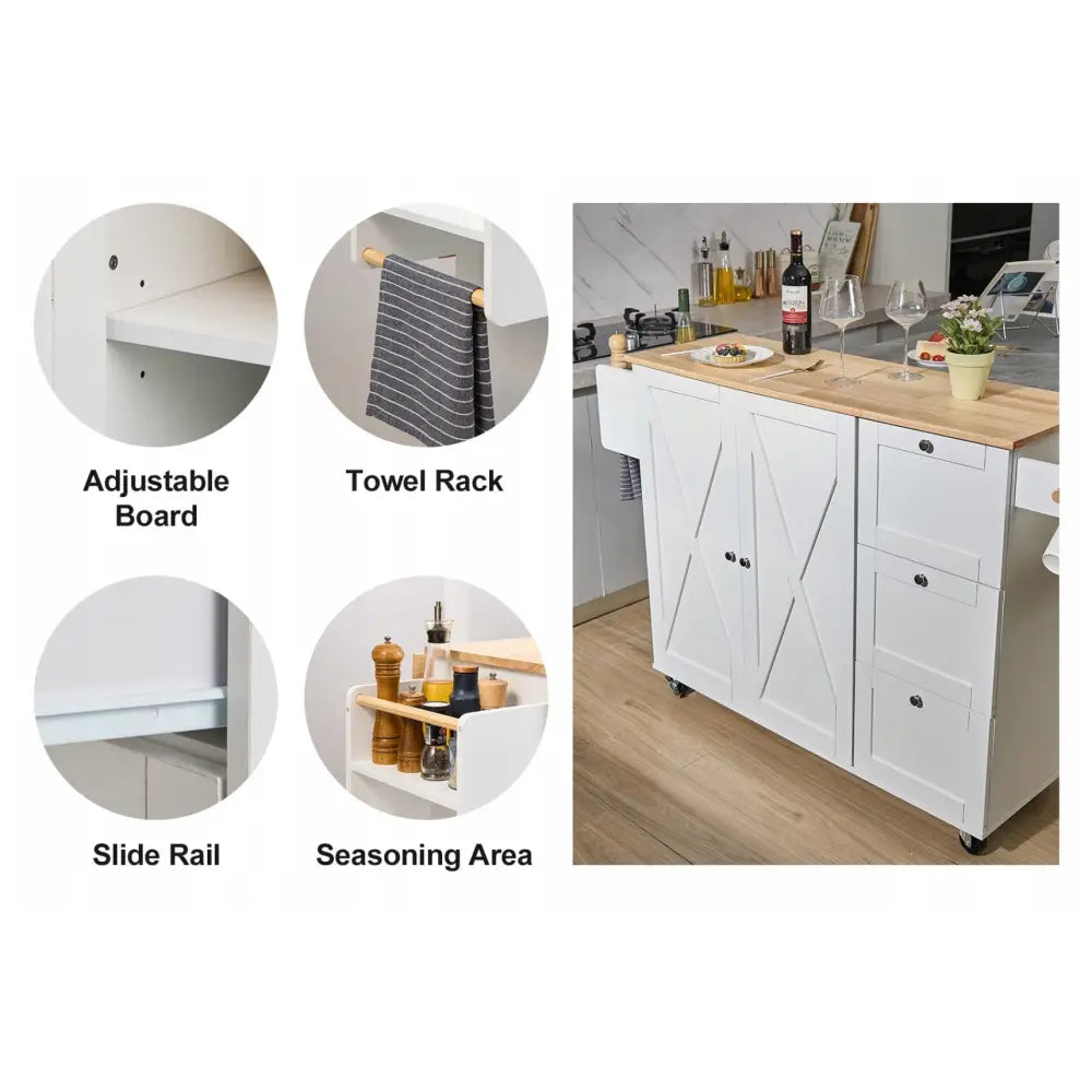 Kjøkkenøy på hjul, sidevisning med justerbar hylle, håndkleholder, krydderhylle og skuffer under lys treplate.