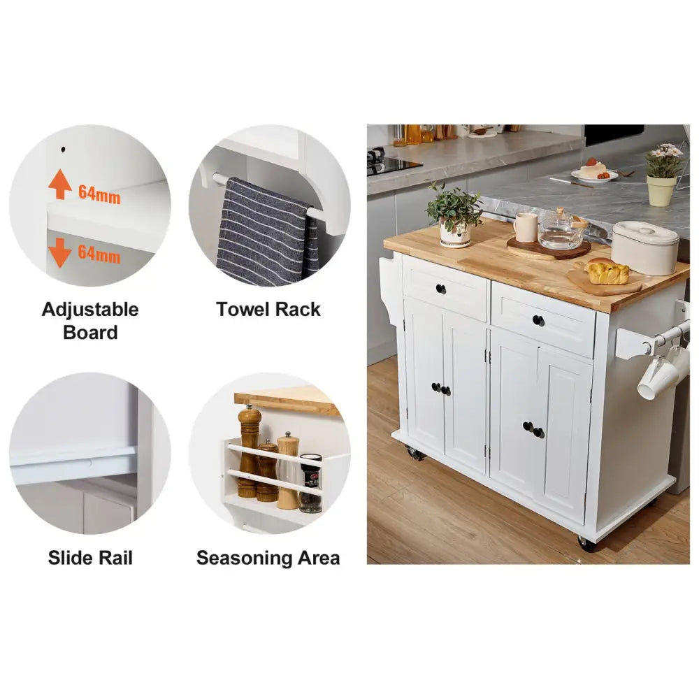 Kjøkkenøy på hjul med hvit ramme og treplate, tydelig håndkleholder, krydderhylle og justerbar hylle.