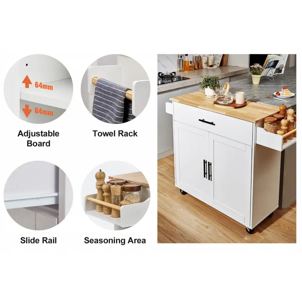 Kjøkkenøy på hjul med lys treplate, sort håndtak, justerbar hylle, håndkleholder og synlig krydderhylle.