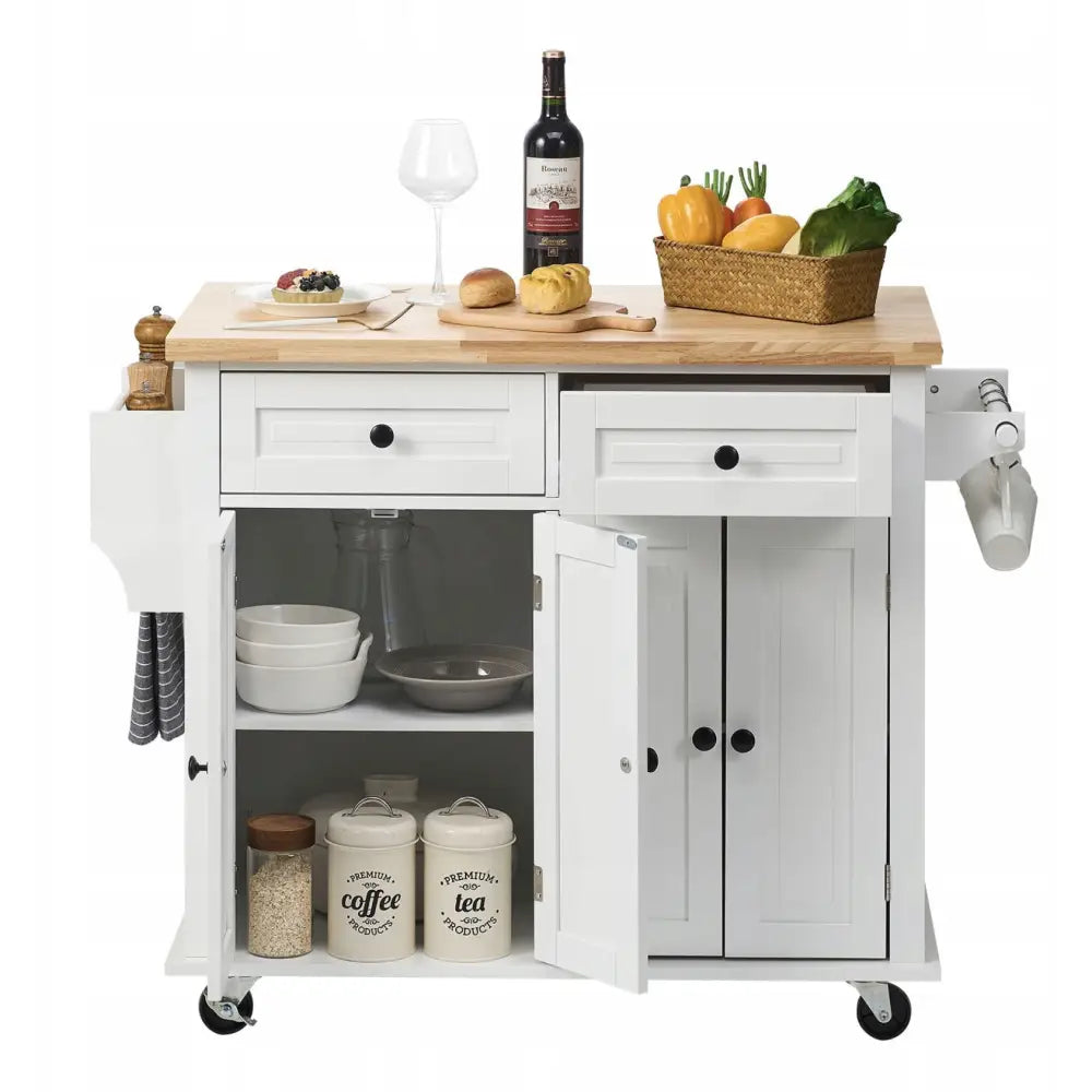 Kjøkkenøy på hjul v2, frontbilde med trehylle, åpne skuffer, skapdører og kjøkkenutstyr synlig.