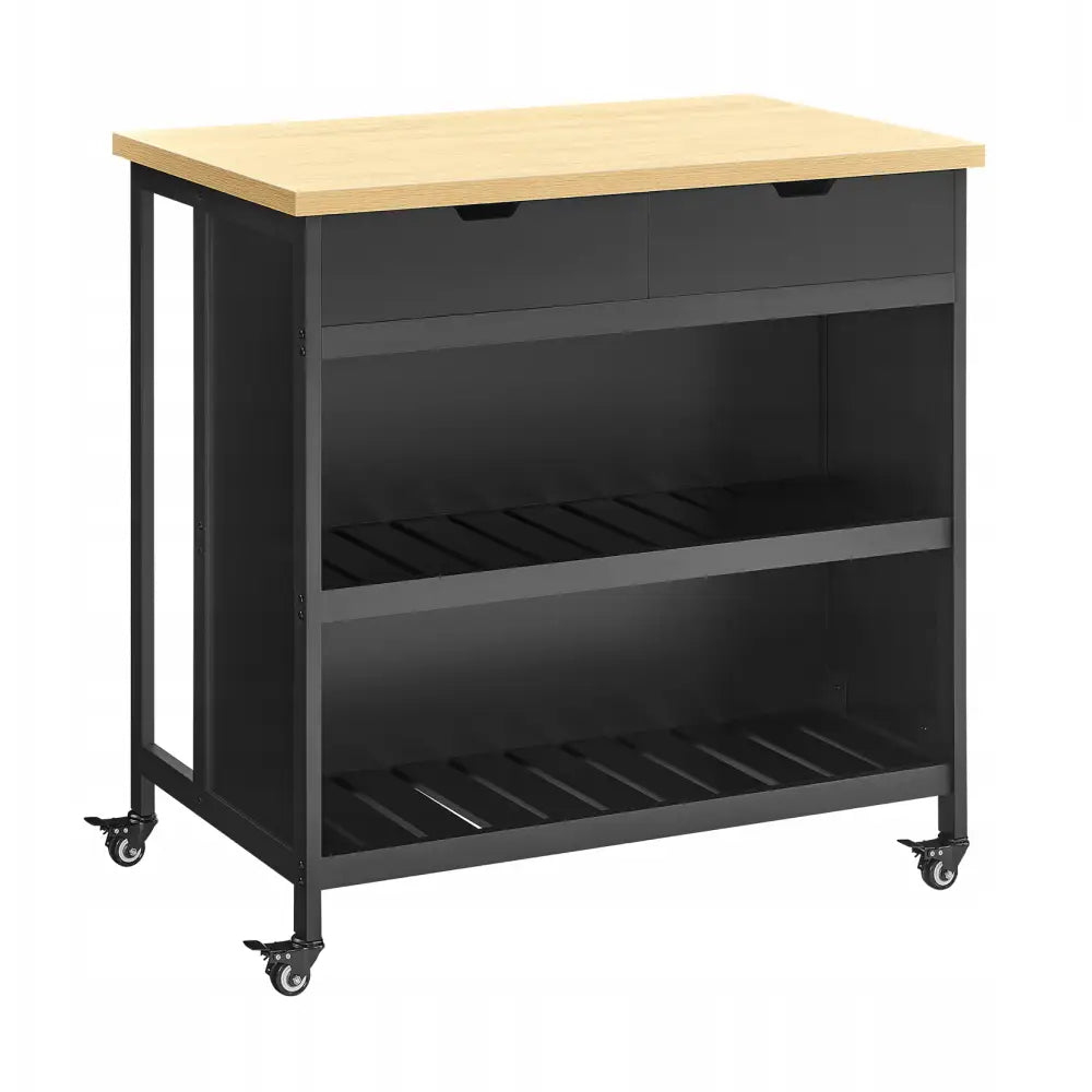 Kjøkkenøy på hjul Homit, skråvisning som viser to åpne hyller, to skuffer og lyst eiketopp.