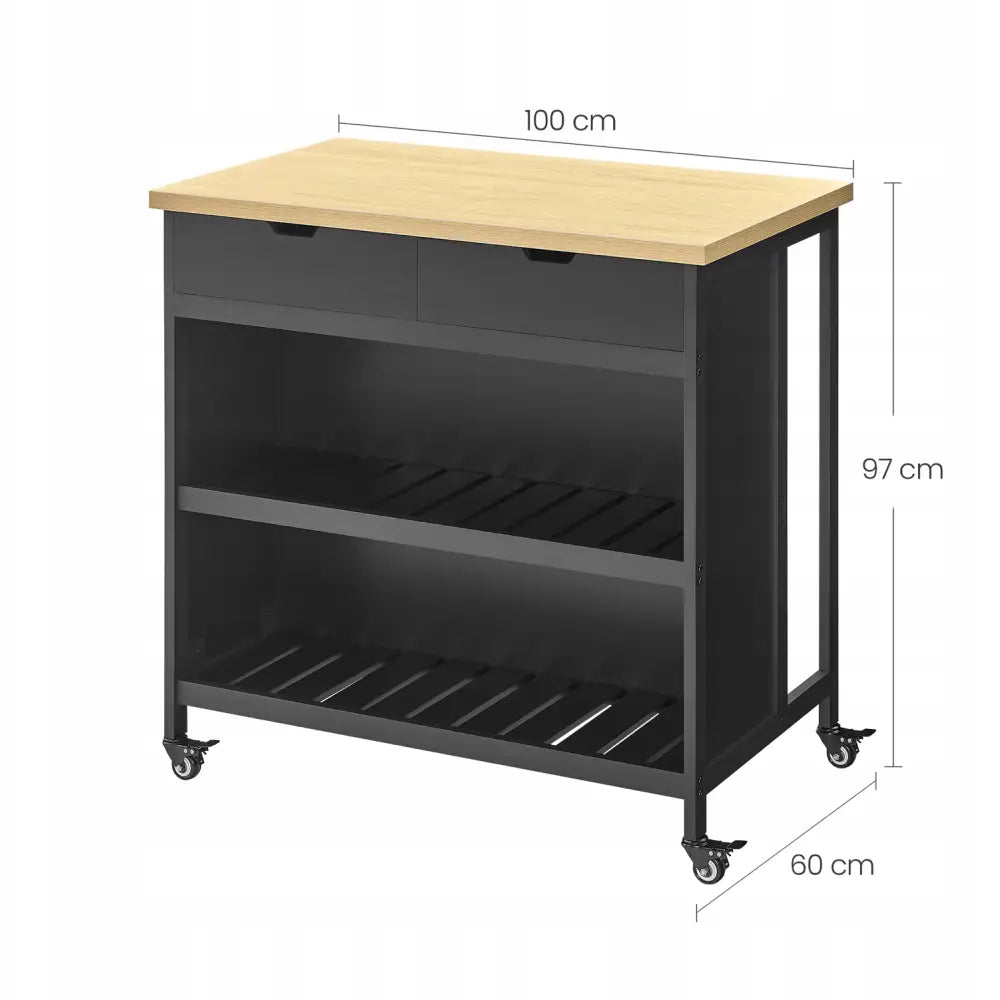 Kjøkkenøy på hjul i sort med eiketopp, to åpne hyller og skuffer, sett fra front og høyre side med mål.