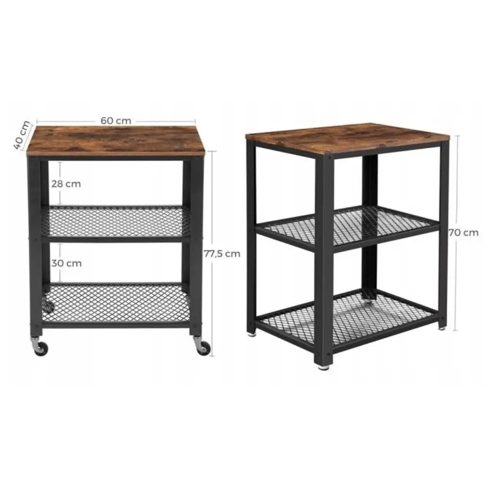 Kjøkkenøy på hjul med mørk treplate og to sorte metallhyller, sett forfra og fra siden med målvisning.