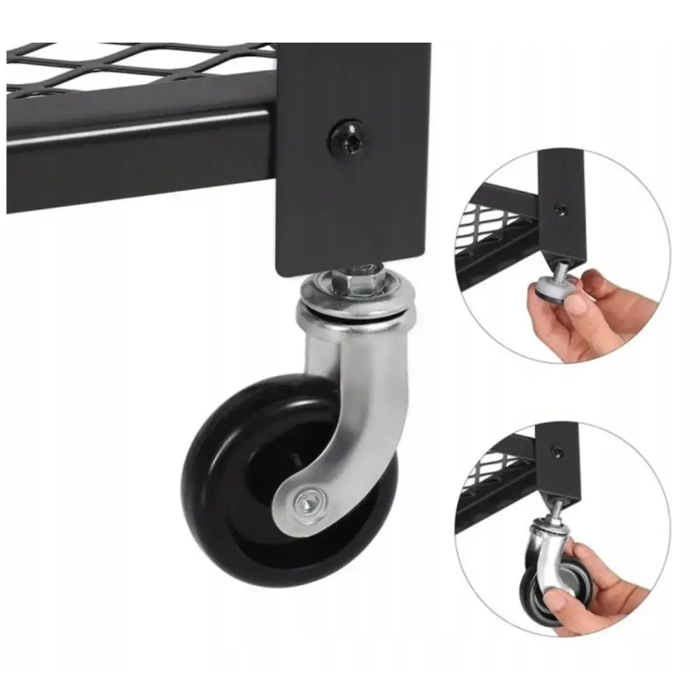 Sort plast- og metallhjul montert på svart stativ, sidevisning med småbilder av montering for kjøkkenøy.