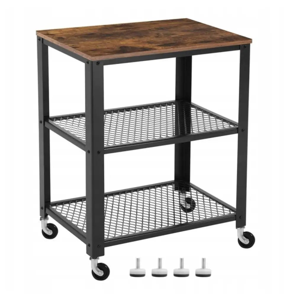 Kjøkkenøy på hjul i vintage stil, detaljert visning av mørk treplate, nettinghyller og robuste hjul.