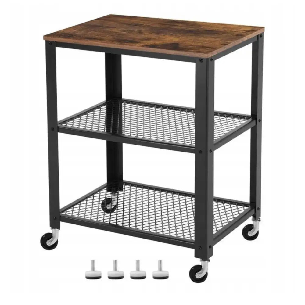 Kjøkkenøy på hjul i svart metall med to netthyller, brun trelook-plate og løse føtter foran, skrå vinkel.