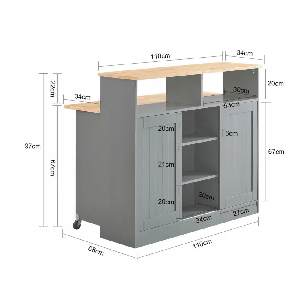 Kjøkkenøy skap med sammenleggbar bartable, skråvisning som viser mål på hyller, skap og total størrelse.