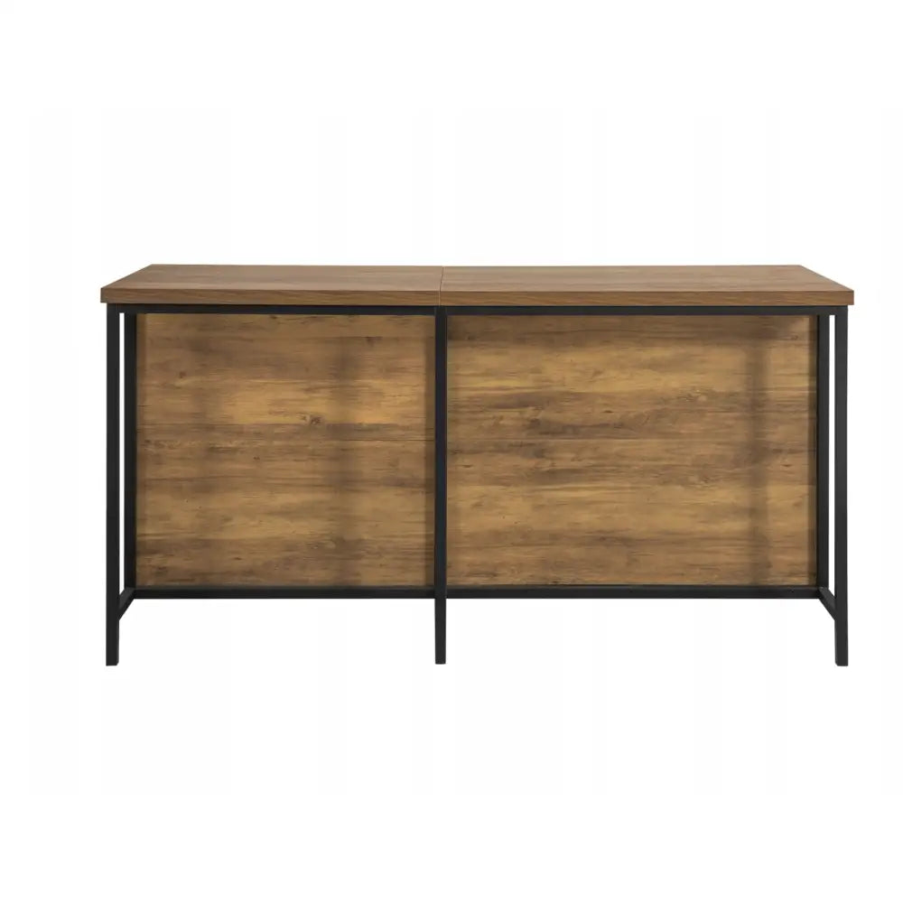 Kjøkkenøy spisebord med rektangulær treplate, svart metallramme og markert trestruktur, frontvisning.