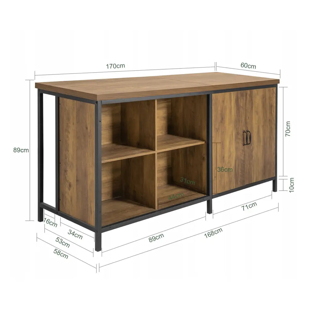 Kjøkkenøy spisebord i tre og sort metall, skrå forfra med fremhevede mål på hyller og skapdører.