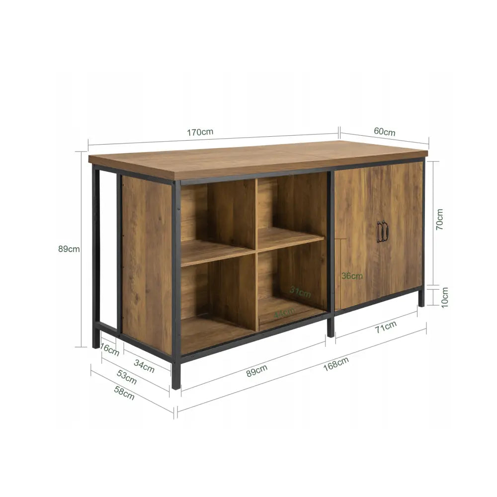 Kjøkkenøy spisebord i tre med svart metallramme, fremhevet med åpne hyller, dobbeldører og mål.