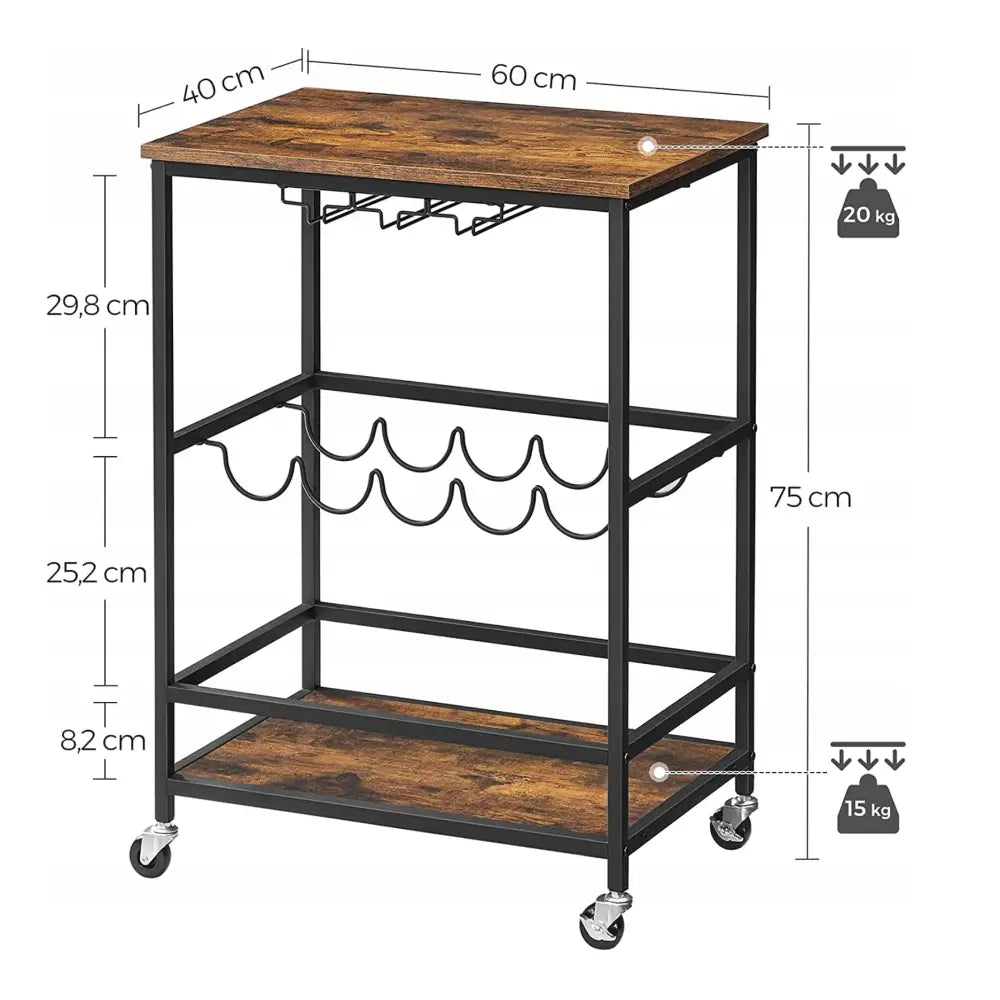 Trancherbord med flaskeholder, skråvisning som fremhever vinhyller, mål og maksimal kapasitet på hyllene.