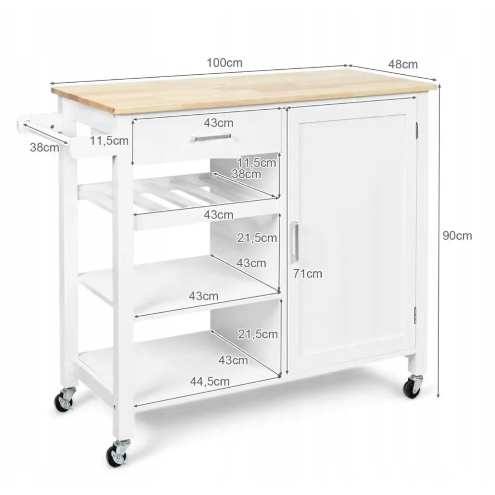 Kjøkkenøy trillevogn med hvit ramme, lys treplate, synlige hyller, skuff, skap og hjul, mål markert.
