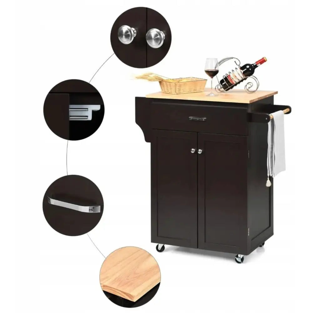 Kjøkkenøy vogn med lyse treplate, metallhåndtak, åpne hyller, solide hjul og synlig håndkleholder.